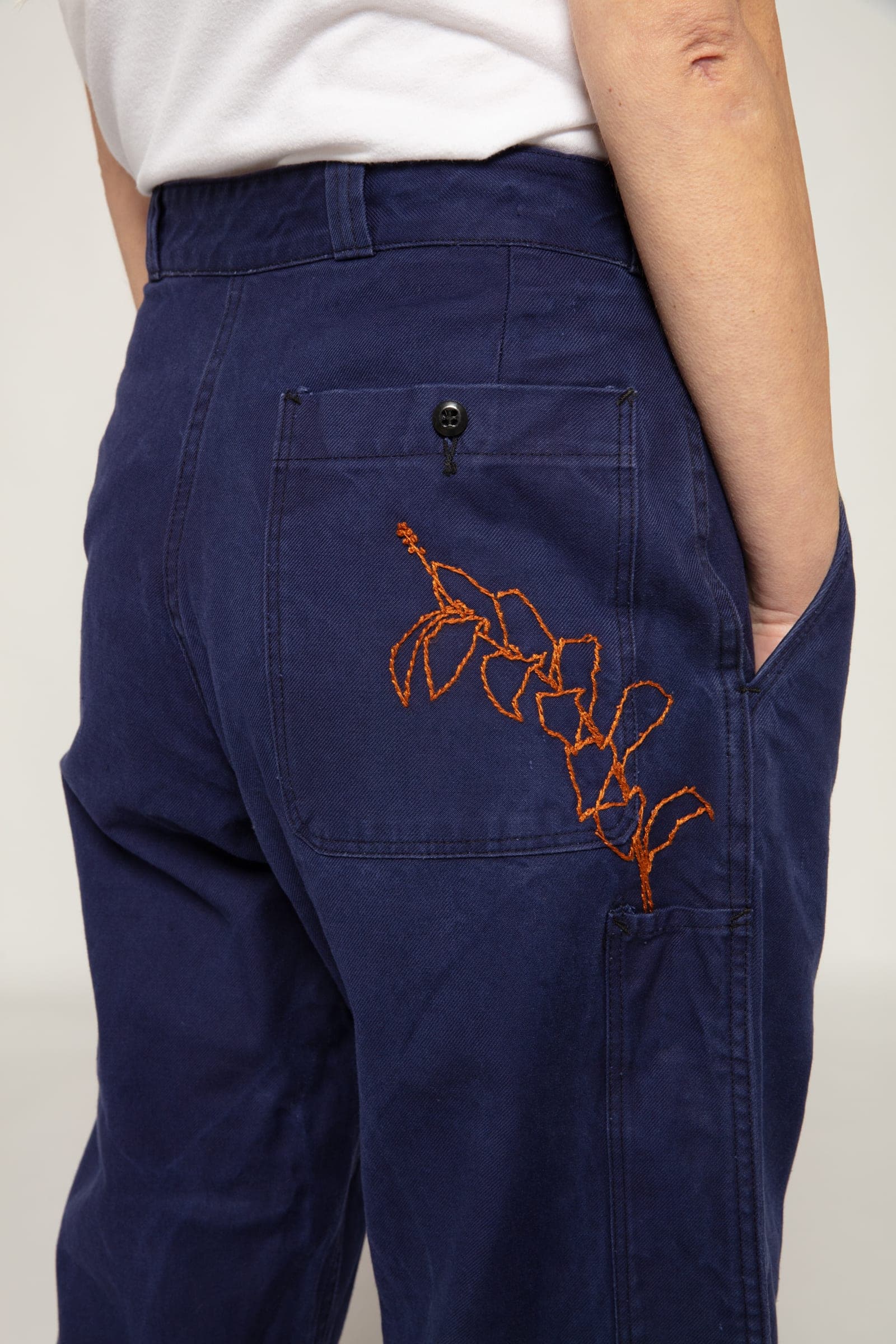 Vintage Hand Embroidered French Workwear Trousers with Botanical Line Drawing